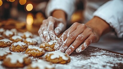 Close-up of hands decorating freshly baked cookies with icing sugar on a wooden table, creating a festive atmosphere with blurred warm lights in the background.