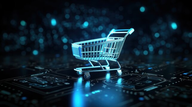 Glowing shopping cart hologram digital sale promotion poster design for holiday shopping season.