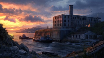 Obraz premium Sunset over a derelict factory, boats moored nearby.