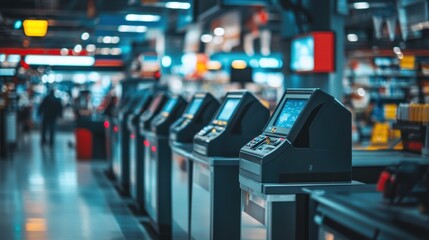Obraz premium A row of checkout machine in store.