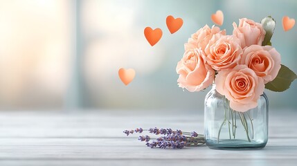 Beautiful valentine's day background with pink roses lavender and heart accents indoor setting