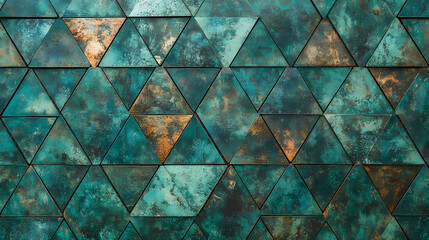 Seamless triangle mosaic copper texture with verdigris patina. Verdigris. Illustration