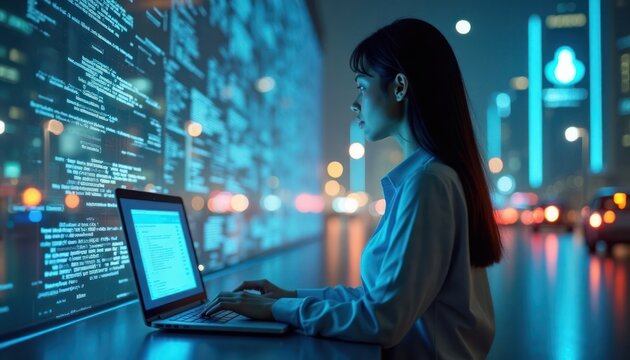 Woman works on laptop in urban setting. Night view of city lights blurry in background. Digital interface glows behind. Types on laptop. Global business concept. Data processing shown. Tech