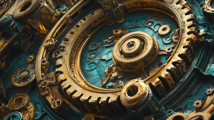 Fototapeta premium The grand mechanism a steampunk masterpiece, digital art, golden gears, ornate design, fantasy machine, steampunk, machine, gears, art. Verdigris. Illustration