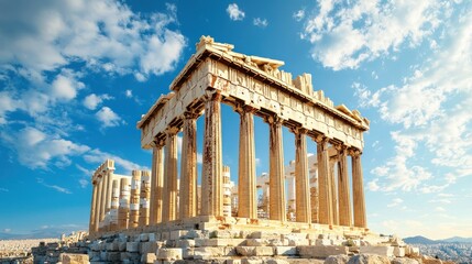 Obraz premium Ancient Greek temple, columns, ruins, blue sky.