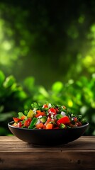 Fresh salad bowl with vibrant vegetables on wooden table in a lush green setting.