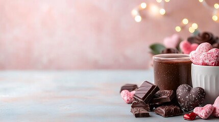 Romantic valentine's day background with chocolates hearts and sweet treats display