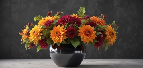 Bicolor dahlia flowers in a vase with a mix of autumn foliage, botanical, arrangement, foliage