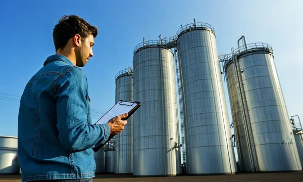 Worker inspecting industrial silos under a clear blue sky.
