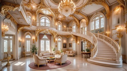 Grand Mansion Interior Featuring Ornate Staircase And Gold Accents