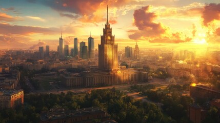 Golden sunrise cityscape, tall buildings, vibrant sky.
