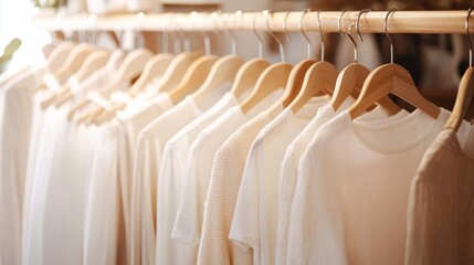 Wooden Clothing Rack with White and Light-Colored Garments in Elegant Boutique Setting