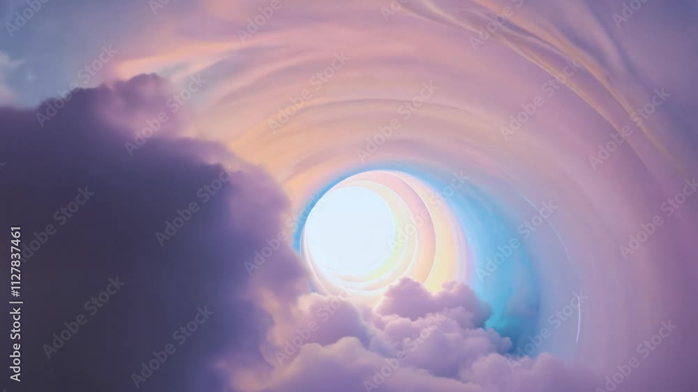 Poster the camera zooms out from the center of a tunnel filled with soft, flowing clouds illuminated in pas