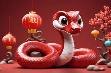 Fototapeta premium A 3D cute red snake with chinese new year lantern posed dynamically on a clean bright red isolated background