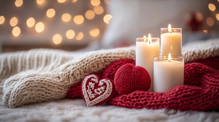Cozy Winter Candles and Knitted Hearts on a Blanket