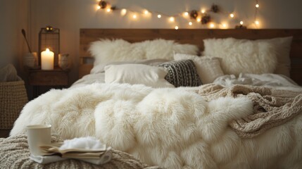 Cozy Winter Bedroom Decor With Fluffy Blankets And Lights