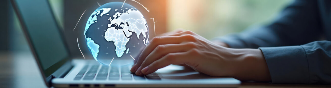 Person types on laptop with globe hologram. Global communication concept. International tech tools. Cross-culture software. Modern tech world. Working process. Global software project. Online