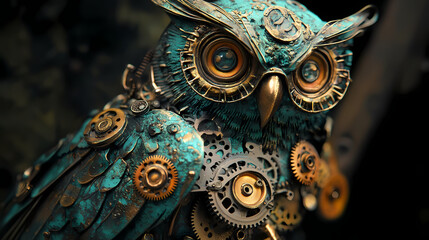 Intricately crafted mechanical owl with exposed gears, cogs, and brass accents, adorned with subtle verdigris patina, evoking a sense of industrial-era mysticism and wonder. Verdigris. Illustration