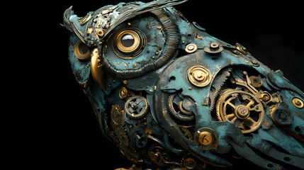 Intricately crafted mechanical owl with exposed gears, cogs, and brass accents, adorned with subtle verdigris patina, evoking a sense of industrial-era mysticism and wonder. Verdigris. Illustration
