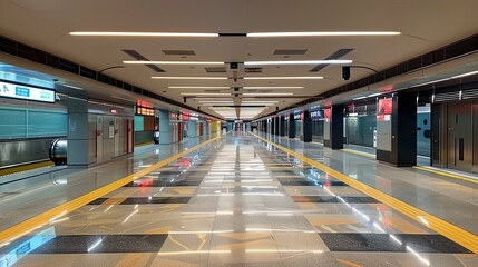 Deserted Modern Subway Platform with Gleaming Floors and Linear Lighting