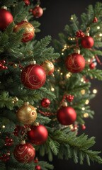 Festive evergreen branches with red and gold ornaments and sparkles, red and gold, snowflake, festive atmosphere