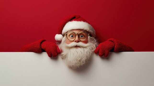 Cute Santa peeping behind a board. Christmas holiday greeting card design background template.