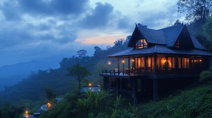 Fototapeta premium Serene Mountain Retreat at Twilight