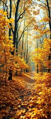 Obraz premium Forest floor covered with golden yellow maple leaves, tree roots, cozy ambiance