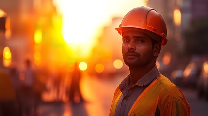 A young construction worker in a hard hat looks directly at the camera with a serious expression as the sun sets behind him.