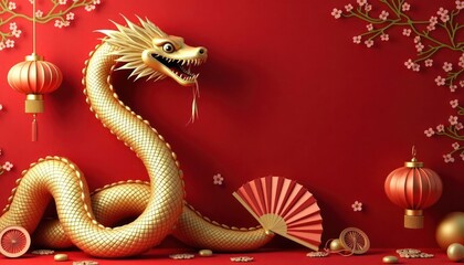 Obraz premium Golden dragon wrapped around traditional Chinese New Year symbols. Red background with lanterns, fans. Image ideal for welcoming New Year. Vibrant design suitable for Chinese new year celebrations