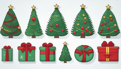 Naklejka premium Christmas flat tree, gift box, hat, ball, wreath element set on isolated white background