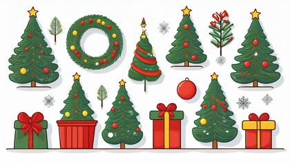 Naklejka premium Christmas flat tree, gift box, hat, ball, wreath element set on isolated white background