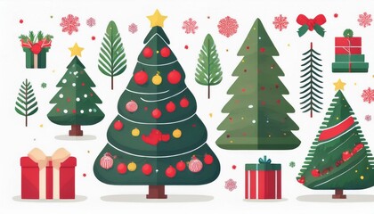 Christmas flat tree, gift box, hat, ball, wreath element set on isolated white background