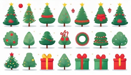 Christmas flat tree, gift box, hat, ball, wreath element set on isolated white background