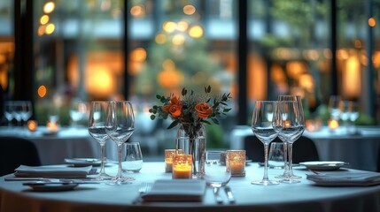 Upscale Corporate Event Venue with Elegant Table Settings and Ambient Lighting for Professional Gatherings and Celebrations