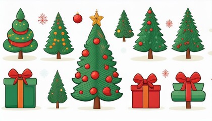 Obraz premium Christmas flat tree, gift box, hat, ball, wreath element set on isolated white background