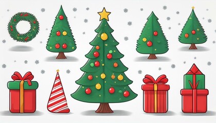 Christmas flat tree, gift box, hat, ball, wreath element set on isolated white background
