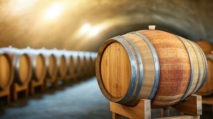 An image of a dimly lit underground cellar showcasing rows of vintage oak barrels and casks, with the rich aroma of aging wine permeating the air