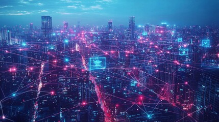 Cyberpunk Cityscape with Digital Connectivity Theme