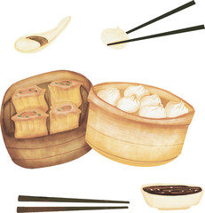 Hand drawn watercolor set of isolated Dim Sum dumplings in bamboo steamer baskets with the chopsticks and the sauces, dumplings, hand drawn of dumplings, Vector illustrations of asian chinese dishes