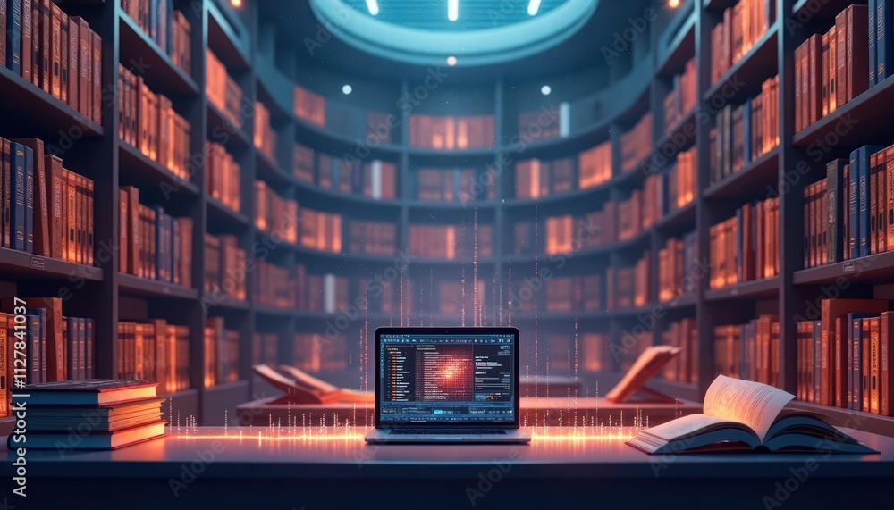 Poster futuristic digital library ai-powered info search. books, laptop sit on table. glowing binary code f