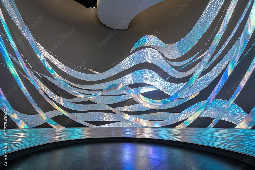 Poster captivating 3d graphical structure with flickering iridescent waves in dynamic motion display