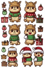 Fototapeta premium Clipart Illustration of kawaii alpacas dressed in holiday sweaters and Santa hats with gift bags on a white background