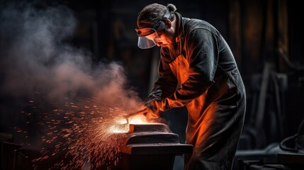 Fototapeta premium Foundry worker pouringmolten metal into mold.capturingintense heat andprecision of metalworkingprocess with glowing liquidmetal contrasting againstdark industrial background