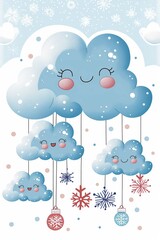 Cheerful Snowy Cloud Ornaments Illustration for Christmas Nursery Decor on White Background