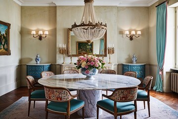 Stylish Dining Room Featuring Round Marble Table and Designer Chairs in Rustic Pastel Decor