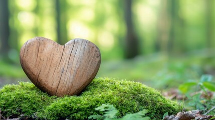 Closeup of a weathered wooden heart resting peacefully on a bed of vibrant green moss within a serene forest setting