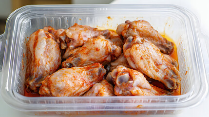 Fototapeta premium Raw spicy chicken wings for grilling in a transparent plastic box