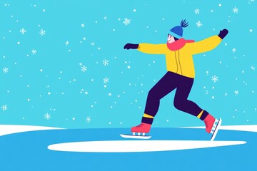 Obraz premium A lively figure skater glides gracefully across a slippery ice surface, surrounded by soft, falling snowflakes. The colorful outfit adds cheer to the crisp winter day