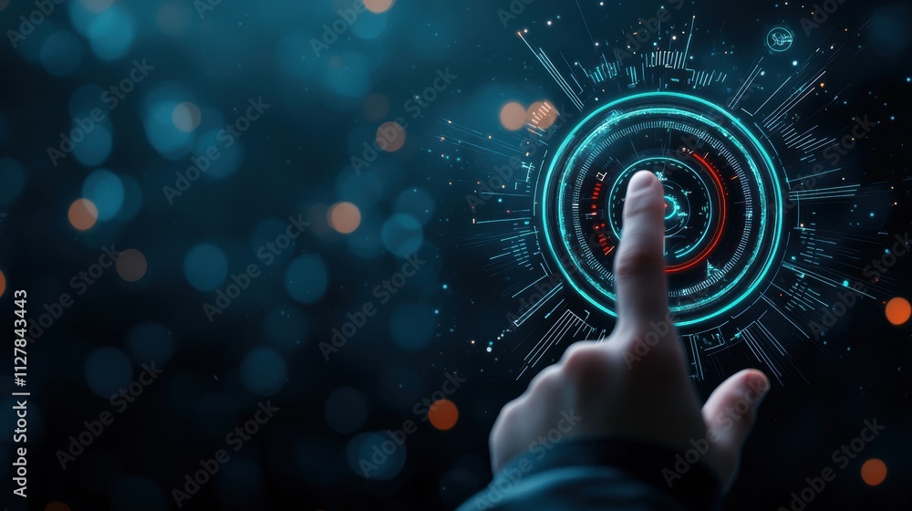 Poster touching a holographic interface a finger activating a holographic control panel in a spaceship cock